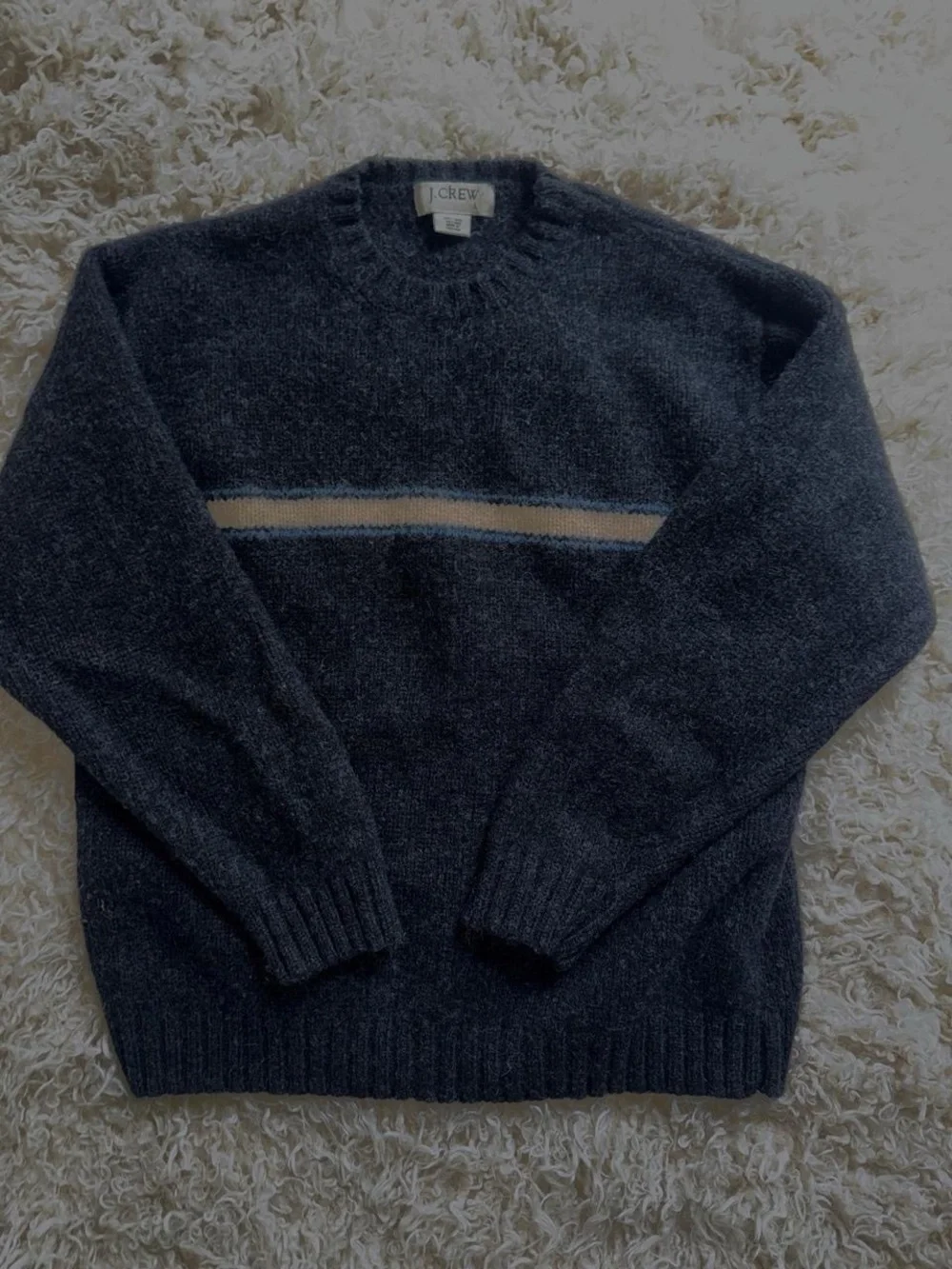 J. Crew Men's Dark Gray Wool Crewneck Sweater with Cream Stripe